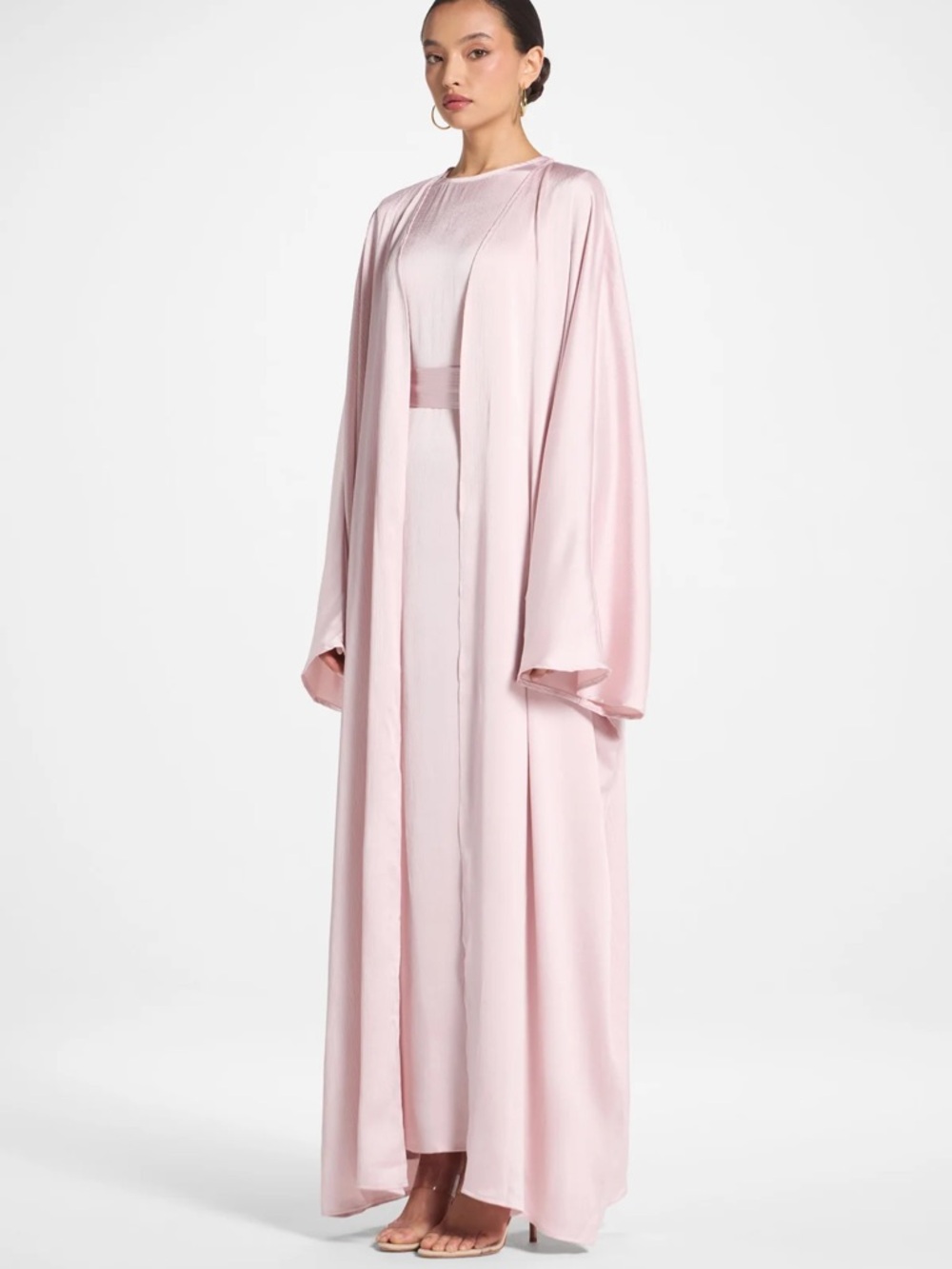Ghada Satin Open Abaya & Dress Set - Pastel Pink M 54”